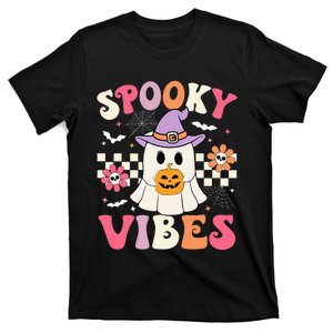 Groovy Spooky Vibes Retro Ghost Holding Pumpkin Halloween T-Shirt