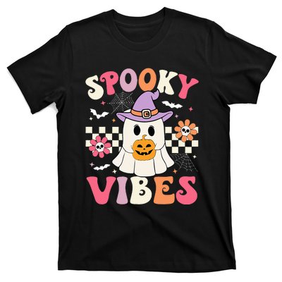 Groovy Spooky Vibes Retro Ghost Holding Pumpkin Halloween T-Shirt