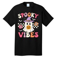 Groovy Spooky Vibes Retro Ghost Holding Pumpkin Halloween Tall T-Shirt