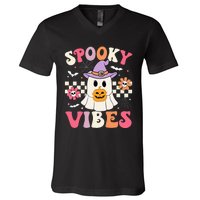 Groovy Spooky Vibes Retro Ghost Holding Pumpkin Halloween V-Neck T-Shirt