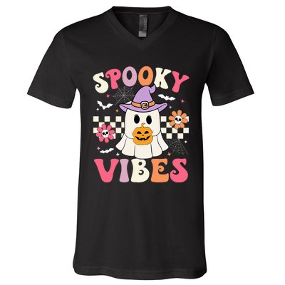 Groovy Spooky Vibes Retro Ghost Holding Pumpkin Halloween V-Neck T-Shirt