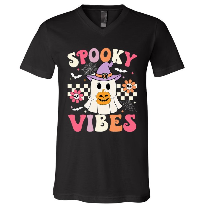 Groovy Spooky Vibes Retro Ghost Holding Pumpkin Halloween V-Neck T-Shirt