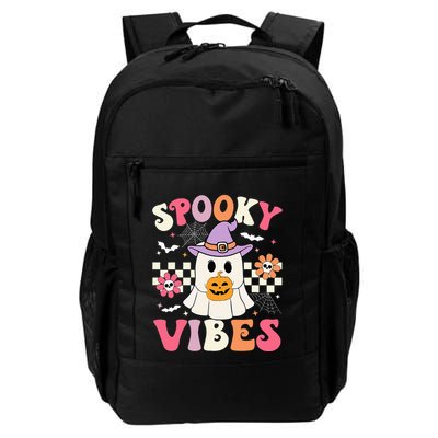 Groovy Spooky Vibes Retro Ghost Holding Pumpkin Halloween Daily Commute Backpack
