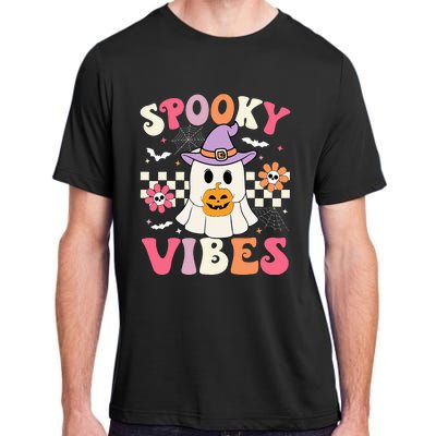 Groovy Spooky Vibes Retro Ghost Holding Pumpkin Halloween Adult ChromaSoft Performance T-Shirt