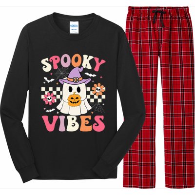 Groovy Spooky Vibes Retro Ghost Holding Pumpkin Halloween Long Sleeve Pajama Set