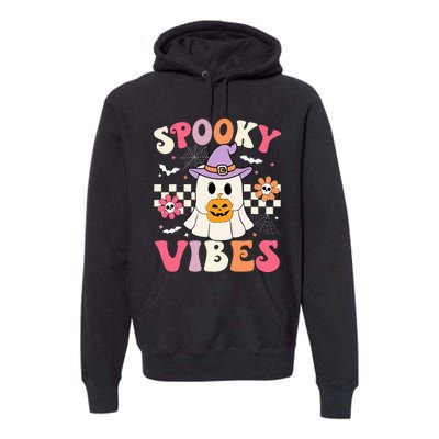 Groovy Spooky Vibes Retro Ghost Holding Pumpkin Halloween Premium Hoodie