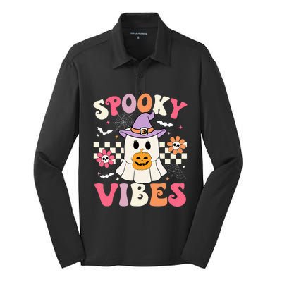 Groovy Spooky Vibes Retro Ghost Holding Pumpkin Halloween Silk Touch Performance Long Sleeve Polo