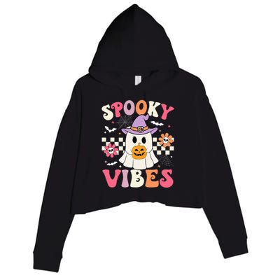 Groovy Spooky Vibes Retro Ghost Holding Pumpkin Halloween Crop Fleece Hoodie