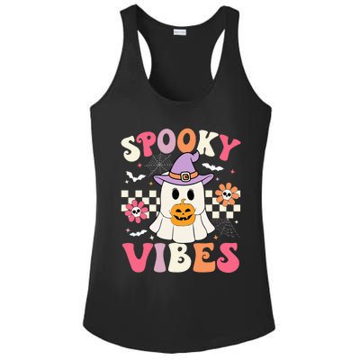 Groovy Spooky Vibes Retro Ghost Holding Pumpkin Halloween Ladies PosiCharge Competitor Racerback Tank