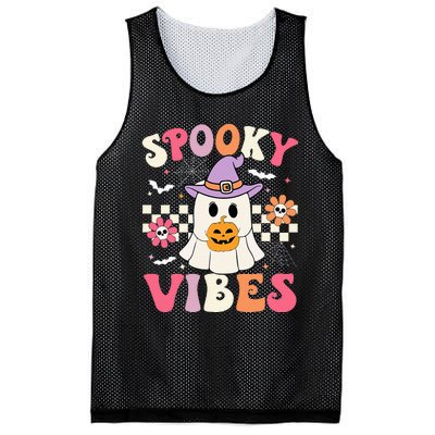 Groovy Spooky Vibes Retro Ghost Holding Pumpkin Halloween Mesh Reversible Basketball Jersey Tank