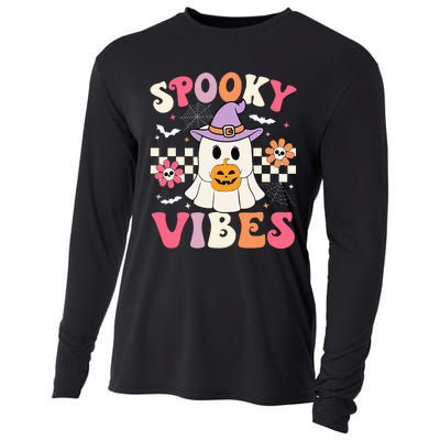 Groovy Spooky Vibes Retro Ghost Holding Pumpkin Halloween Cooling Performance Long Sleeve Crew