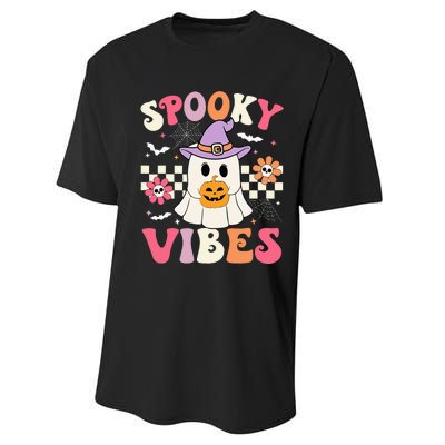 Groovy Spooky Vibes Retro Ghost Holding Pumpkin Halloween Performance Sprint T-Shirt