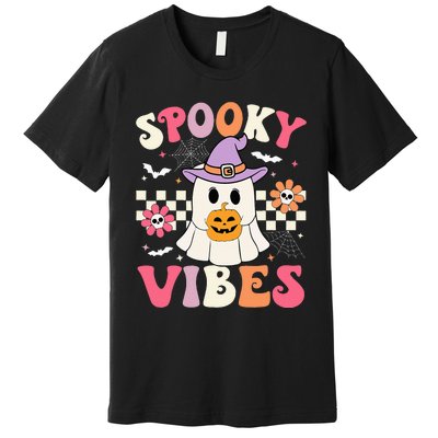 Groovy Spooky Vibes Retro Ghost Holding Pumpkin Halloween Premium T-Shirt