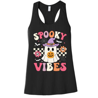 Groovy Spooky Vibes Retro Ghost Holding Pumpkin Halloween Women's Racerback Tank