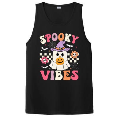 Groovy Spooky Vibes Retro Ghost Holding Pumpkin Halloween PosiCharge Competitor Tank