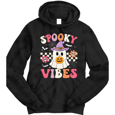 Groovy Spooky Vibes Retro Ghost Holding Pumpkin Halloween Tie Dye Hoodie