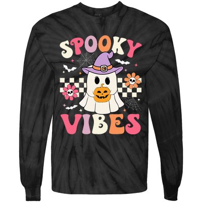 Groovy Spooky Vibes Retro Ghost Holding Pumpkin Halloween Tie-Dye Long Sleeve Shirt