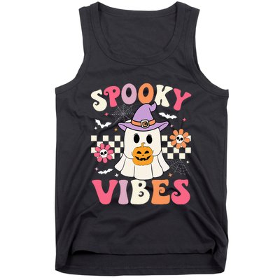 Groovy Spooky Vibes Retro Ghost Holding Pumpkin Halloween Tank Top