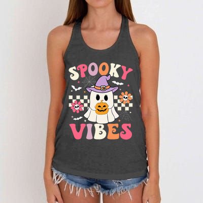 Groovy Spooky Vibes Retro Ghost Holding Pumpkin Halloween Women's Knotted Racerback Tank