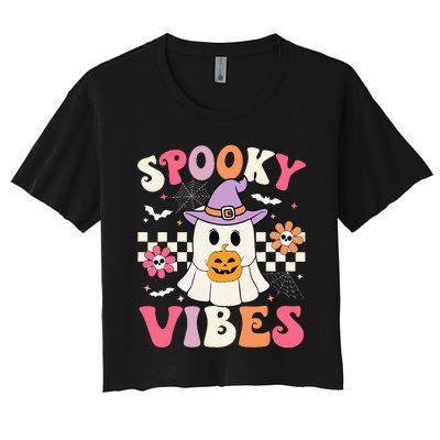 Groovy Spooky Vibes Retro Ghost Holding Pumpkin Halloween Women's Crop Top Tee