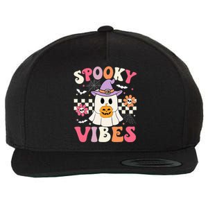 Groovy Spooky Vibes Retro Ghost Holding Pumpkin Halloween Wool Snapback Cap