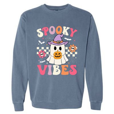 Groovy Spooky Vibes Retro Ghost Holding Pumpkin Halloween Garment-Dyed Sweatshirt