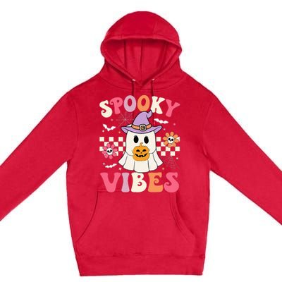 Groovy Spooky Vibes Retro Ghost Holding Pumpkin Halloween Premium Pullover Hoodie