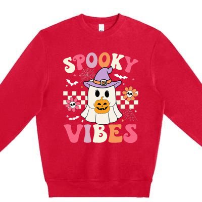 Groovy Spooky Vibes Retro Ghost Holding Pumpkin Halloween Premium Crewneck Sweatshirt