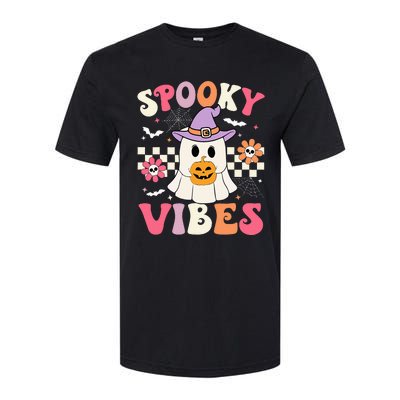 Groovy Spooky Vibes Retro Ghost Holding Pumpkin Halloween Softstyle CVC T-Shirt