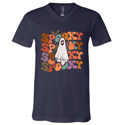 Groovy Spooky Vibes Vintage Floral Ghost Hippie Halloween Gift V-Neck T-Shirt