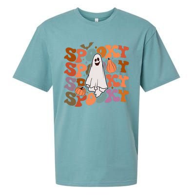 Groovy Spooky Vibes Vintage Floral Ghost Hippie Halloween Gift Sueded Cloud Jersey T-Shirt