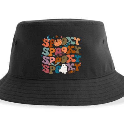Groovy Spooky Vibes Vintage Floral Ghost Hippie Halloween Sustainable Bucket Hat
