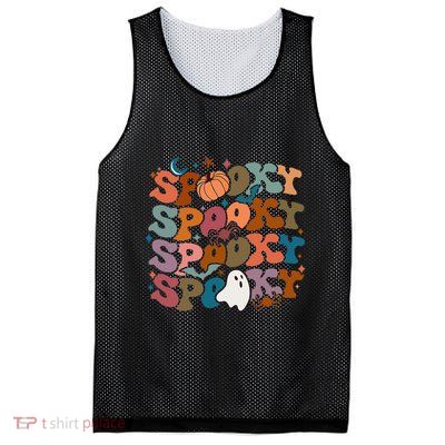 Groovy Spooky Vibes Vintage Floral Ghost Hippie Halloween Mesh Reversible Basketball Jersey Tank