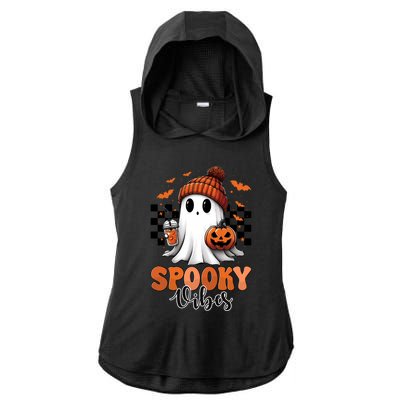 Groovy Spooky Vibes Retro Ghost Holding Pumpkin Halloween Gift Ladies PosiCharge Tri-Blend Wicking Draft Hoodie Tank