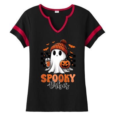 Groovy Spooky Vibes Retro Ghost Holding Pumpkin Halloween Gift Ladies Halftime Notch Neck Tee