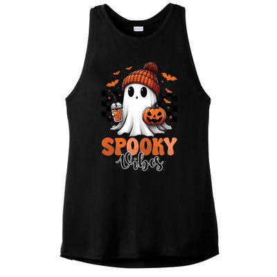 Groovy Spooky Vibes Retro Ghost Holding Pumpkin Halloween Gift Ladies PosiCharge Tri-Blend Wicking Tank