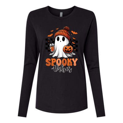 Groovy Spooky Vibes Retro Ghost Holding Pumpkin Halloween Gift Womens Cotton Relaxed Long Sleeve T-Shirt