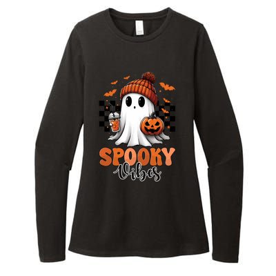 Groovy Spooky Vibes Retro Ghost Holding Pumpkin Halloween Gift Womens CVC Long Sleeve Shirt