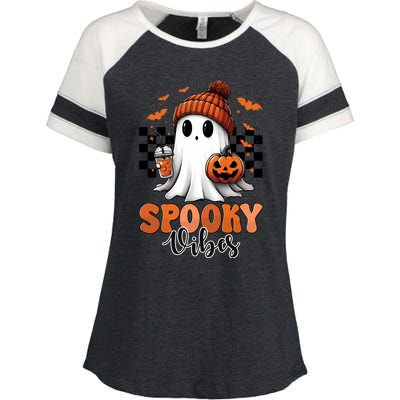 Groovy Spooky Vibes Retro Ghost Holding Pumpkin Halloween Gift Enza Ladies Jersey Colorblock Tee