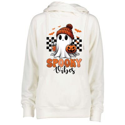 Groovy Spooky Vibes Retro Ghost Holding Pumpkin Halloween Gift Womens Funnel Neck Pullover Hood