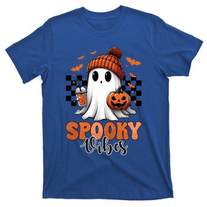 Groovy Spooky Vibes Retro Ghost Holding Pumpkin Halloween Gift T-Shirt