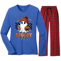 Groovy Spooky Vibes Retro Ghost Holding Pumpkin Halloween Gift Women's Long Sleeve Flannel Pajama Set 