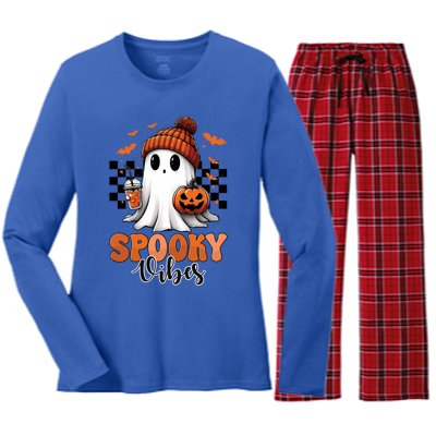 Groovy Spooky Vibes Retro Ghost Holding Pumpkin Halloween Gift Women's Long Sleeve Flannel Pajama Set 