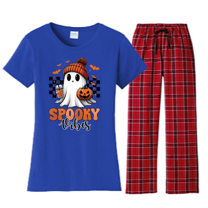 Groovy Spooky Vibes Retro Ghost Holding Pumpkin Halloween Gift Women's Flannel Pajama Set