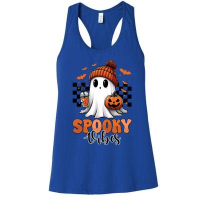 Groovy Spooky Vibes Retro Ghost Holding Pumpkin Halloween Gift Women's Racerback Tank