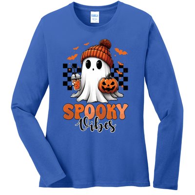 Groovy Spooky Vibes Retro Ghost Holding Pumpkin Halloween Gift Ladies Long Sleeve Shirt