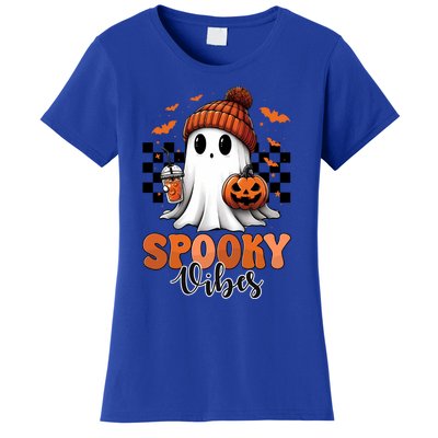 Groovy Spooky Vibes Retro Ghost Holding Pumpkin Halloween Gift Women's T-Shirt