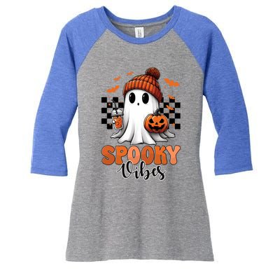 Groovy Spooky Vibes Retro Ghost Holding Pumpkin Halloween Gift Women's Tri-Blend 3/4-Sleeve Raglan Shirt