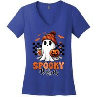 Groovy Spooky Vibes Retro Ghost Holding Pumpkin Halloween Gift Women's V-Neck T-Shirt