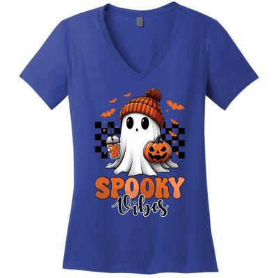 Groovy Spooky Vibes Retro Ghost Holding Pumpkin Halloween Gift Women's V-Neck T-Shirt